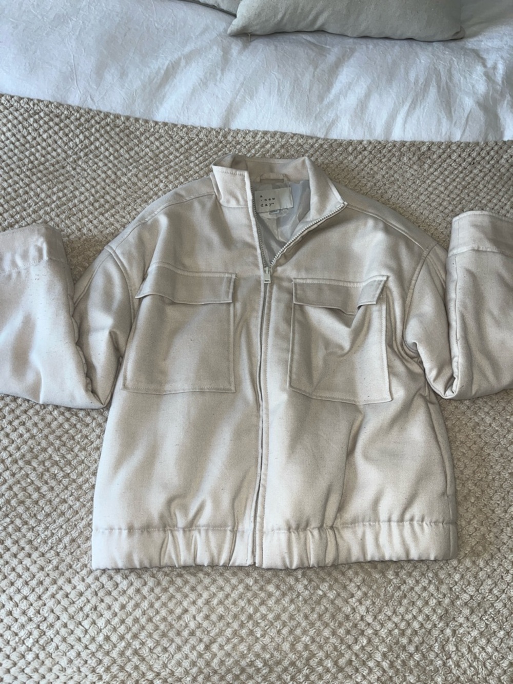 Womens Cream Bomber Jacket with Chest Pockets